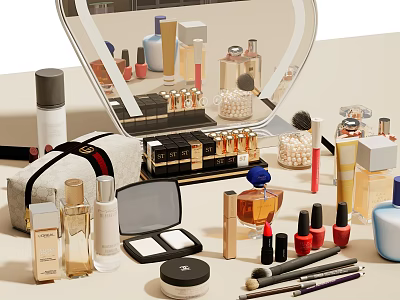 Luxurious Perfume And Cosmetics Display With Bottles Lipsticks Brushes Mirror And Skincare 3d model
