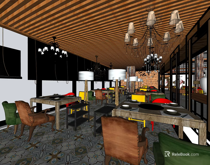 Hotpot Restaurant Interior Design With Wooden Ceiling Chandeliers Colorful Chairs Patterned Floor And Tables 3d model 