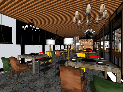 Hotpot Restaurant Interior Design With Wooden Ceiling Chandeliers Colorful Chairs Patterned Floor And Tables 3d model