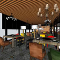 Hotpot Restaurant Interior Design With Wooden Ceiling Chandeliers Colorful Chairs Patterned Floor And Tables