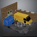 Outdoor Scene With Yellow Taco Mole Truck Brick Wall Blue Tarp Chalk Lines On Ground