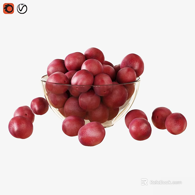 Fresh Ripe Red Plums in Transparent Glass Bowl with Scattered Ones 3d model 