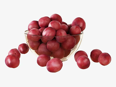 Fresh Ripe Red Plums in Transparent Glass Bowl with Scattered Ones 3d model