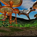 Giant Orange Mushrooms In Fantasy Landscape With Lush Green Plants And Blue Sky