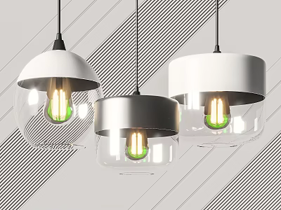Modern Pendant Lights With White Silver Shades Transparent Glass And Green Bulbs For Stylish Interior 3d model