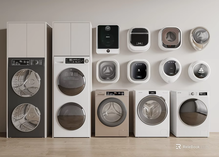 Various Styles And Colors Of Washing Machines Including Front Loading And Compact Units On 3d model 