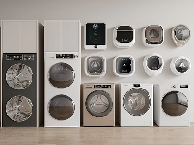 Various Styles And Colors Of Washing Machines Including Front Loading And Compact Units On 3d model
