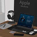 Modern Apple MacBook Desktop Setup With Headphones Keyboard Mouse And Notebook 3d model
