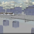 Modern Urban Road Infrastructure Featuring High Speed Train on Elevated Viaduct with City Buildings