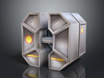 Cartoon Scene Of Silver Metallic Geometric Structure With Hexagonal Panels And Yellow Red Circular Symbols 3d model