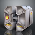 Cartoon Scene Of Silver Metallic Geometric Structure With Hexagonal Panels And Yellow Red Circular Symbols