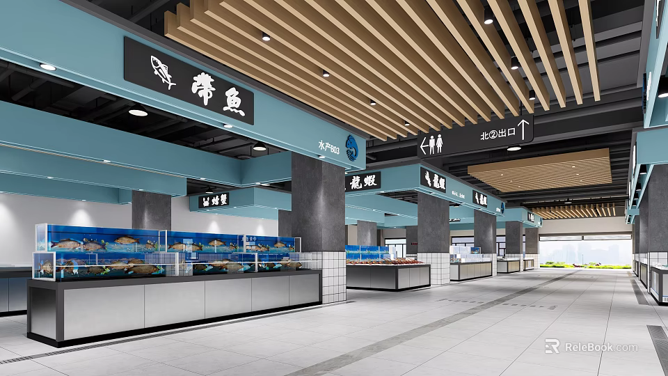 Modern Supermarket Fresh Food Section With Display Counters And Hanging Signage 3d model 