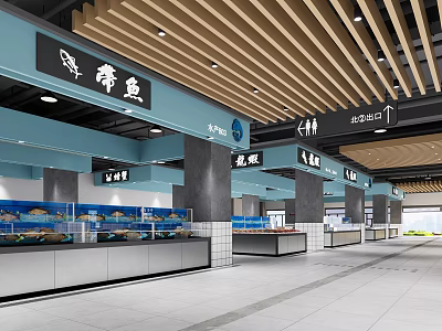 Modern Supermarket Fresh Food Section With Display Counters And Hanging Signage 3d model