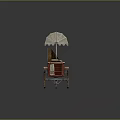 Red Vintage Food Cart With Striped Awning And Wooden Wheels On Brick Pavement