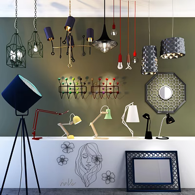 Post-modern lamp combination iron chandelier floor lamp table lamp lamp ornament line figure flower combination 3d model