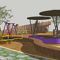 Outdoor Children's Playground With Swings Slide Climbing Structure Trees And Stone Path
