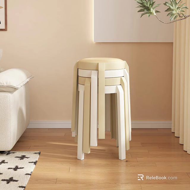 Beige And White Stackable Stool With Upholstered Seat Wooden Legs In Living Room 3d model 