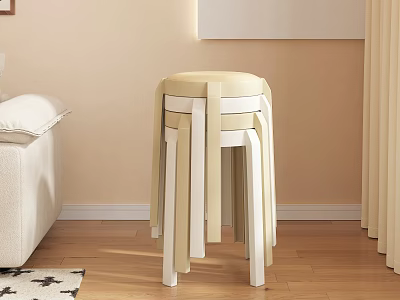 Beige And White Stackable Stool With Upholstered Seat Wooden Legs In Living Room 3d model