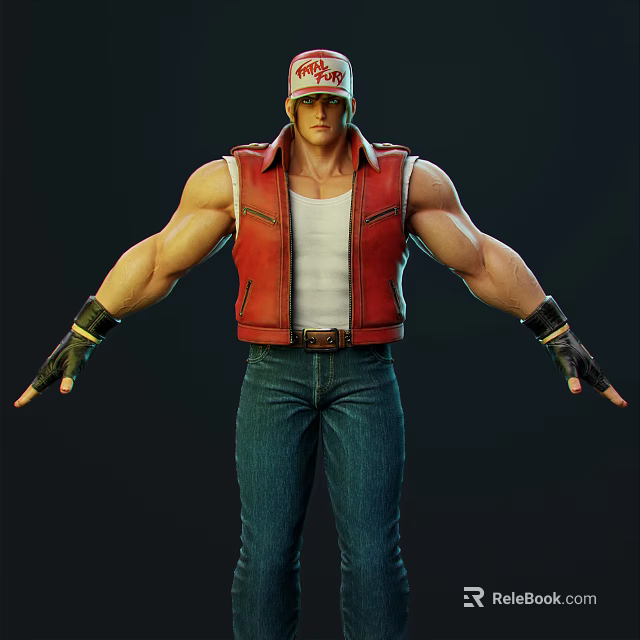Muscular Game Character Red Vest White T-shirt Blue Jeans Cap Black Gloves And Arms Outstretched 3d model 