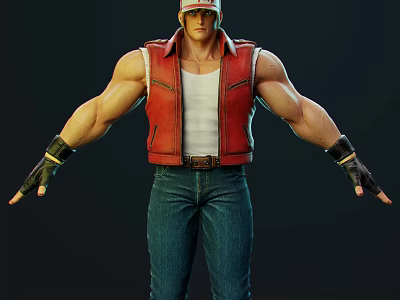 Muscular Game Character Red Vest White T-shirt Blue Jeans Cap Black Gloves And Arms Outstretched 3d model
