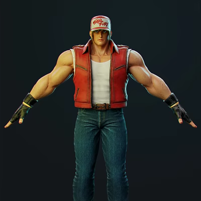 Muscular Game Character Red Vest White T-shirt Blue Jeans Cap Black Gloves And Arms Outstretched 3d model