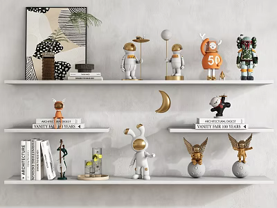 Modern Decorative Ornament Collection On White Shelves Featuring Astronaut Figurines Moon Decor And Winged Statues 3d model