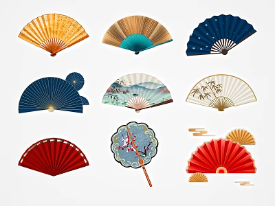 Traditional Decorative Fans With Different Styles Colors And Intricate Patterns 3d model