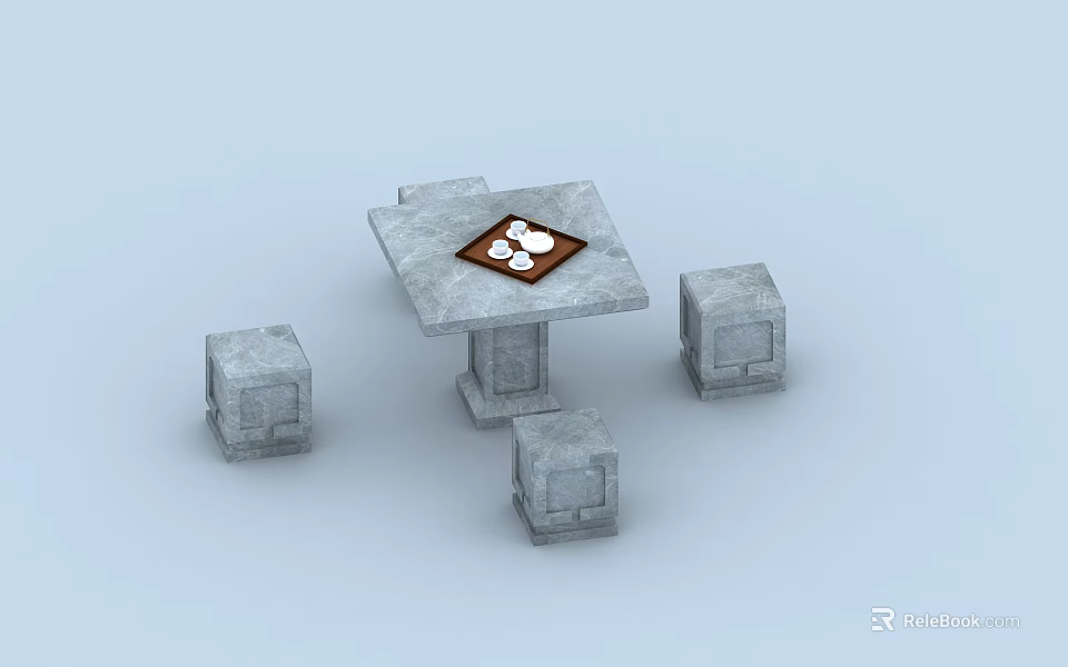 Stone Outdoor Table with Square Tabletop Tray and White Items Matching Stone Stools 3d model