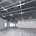 Industrial Ceiling Design With Metal Framework Linear Lights Spacious Room White Walls Gray Wooden Flooring