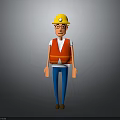 3D Construction Worker With Yellow Hard Hat Red Reflective Vest Blue Pants And Brown Shoes