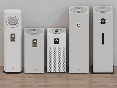 White Headphones and Speakers With Various Sizes and Designs Arranged Against Wall on Wooden Floor 3d model