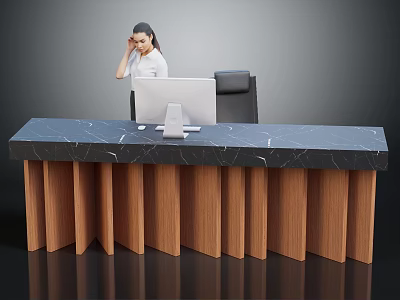 Modern Reception Desk Furniture With Black Marble Countertop And Wooden Slatted Base 3d model
