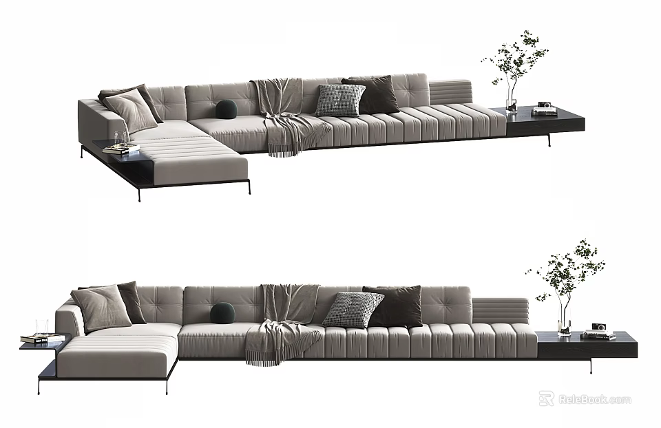 Modern Light Gray Sectional Sofa With Pillows Throw Blanket Side Table and Plant 3d model 