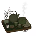 Traditional Green Ceramic Tea Set With Teapot Teacups Tea Caddy And Cotton Decorations On Tray