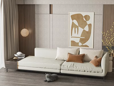 Beige Double Sofa With White Brown Cushions Gold Abstract Art Round Pendant Light Grey Cat 3d model