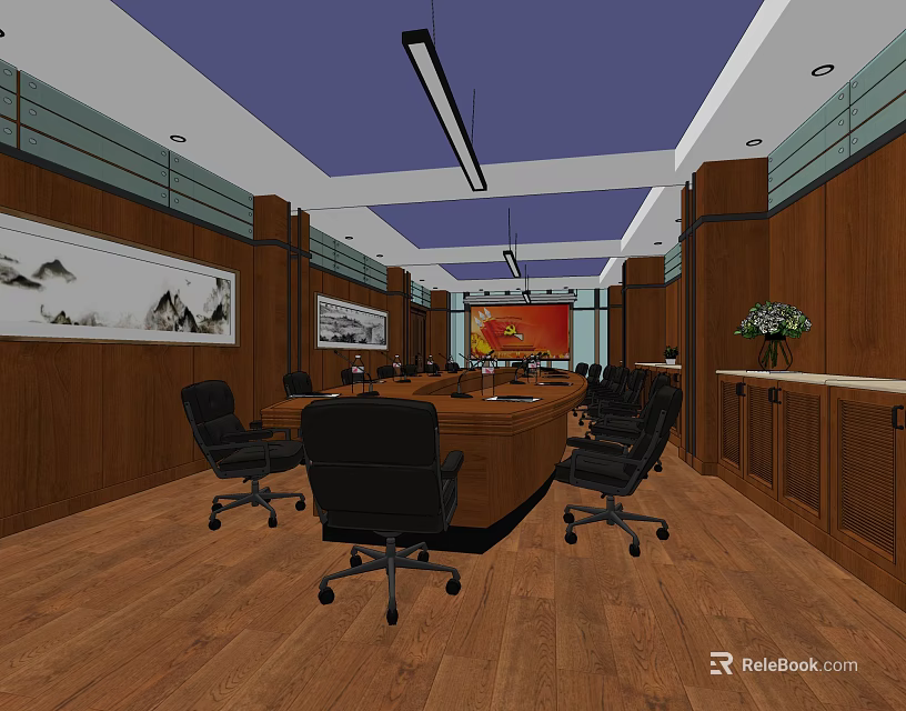 Spacious Meeting Room Interior With Wooden Walls Conference Table Black Chairs And Landscape Paintings 3d model 