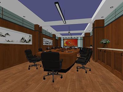 Spacious Meeting Room Interior With Wooden Walls Conference Table Black Chairs And Landscape Paintings 3d model