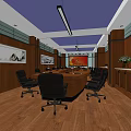 Spacious Meeting Room Interior With Wooden Walls Conference Table Black Chairs And Landscape Paintings