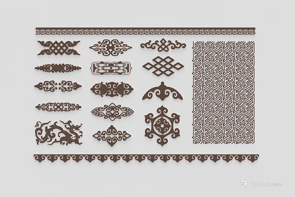 Artistic Decorative Carvings with Various Ornate Patterns and Intricate Border Designs 3d model 