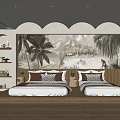 Hotel Guest Room With Twin Beds Decorative Wall Mural Wooden Floor And Large Window