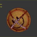 Round Yellow Medieval Shield With Crossed Iron Chains And Black Smiley Face Design