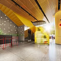 Modern Restaurant Interior Design With Wooden Ceiling Yellow Green Decor Red Chairs And Counter