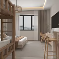 Modern Bedroom Interior With Bunk Bed Main Bed Desk TV Wooden Furniture and Plant