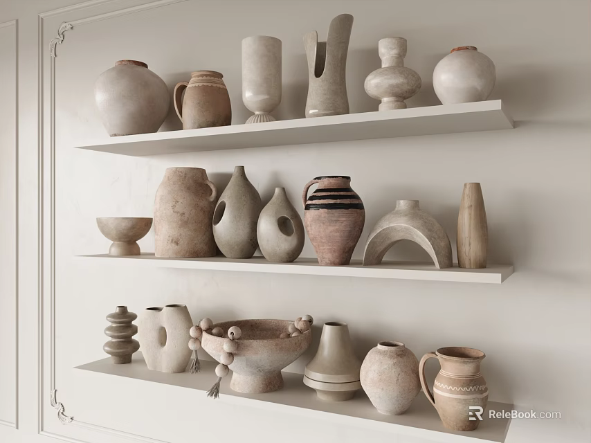 Decorative Ceramic Vessels in Various Shapes and Neutral Tones on White Shelves 3d model 