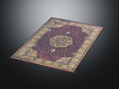 Traditional Square Carpet with Intricate Red Purple Patterns and Beige Golden Border 3d model