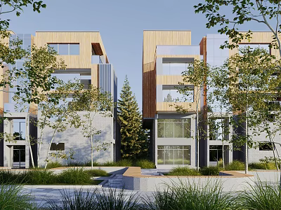 Modern Detached Villa Exterior Design With Wooden Facade Glass Windows And Greenery 3d model