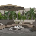 Comfortable Modern Outdoor Sofa Set With Umbrella Green Plants And Round Coffee Table
