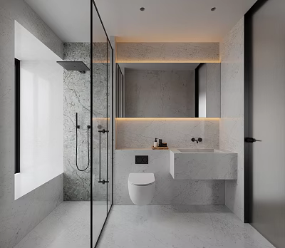 Modern Bathroom Interior Design With Marble Walls Glass Shower Mirror And Vanity 3d model
