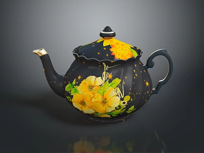 Black Decorative Teapot With Yellow Flower And Star Patterns For Home Living 3d model