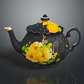 Black Decorative Teapot With Yellow Flower And Star Patterns For Home Living